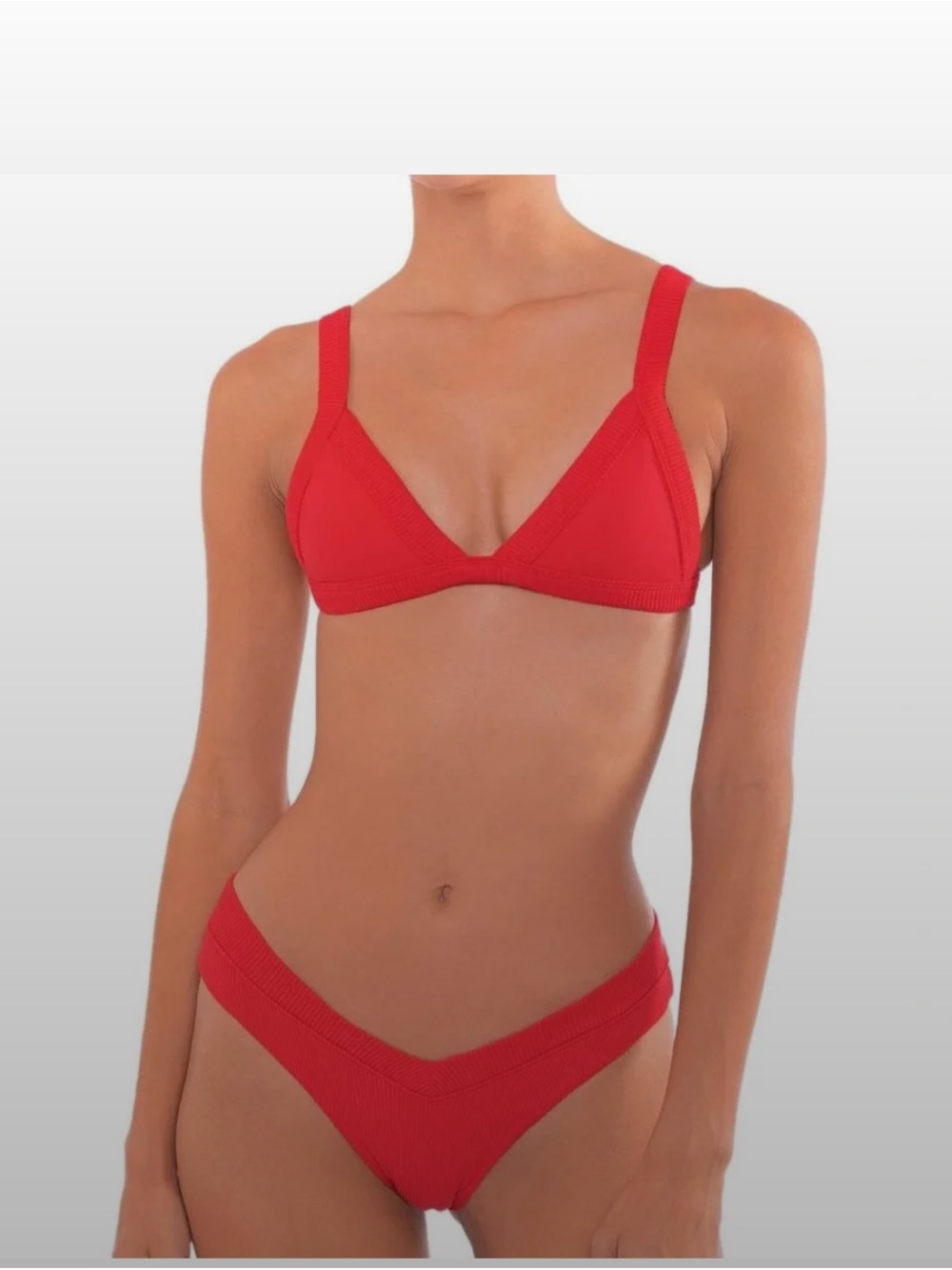 Red Ribbed Triangle Bikini Top and V‑Cut Bottom - Women Swim Bikini